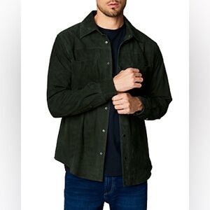 BLANK NYC Goatskin Suede Shacket Green Medium Chest Pockets Snap Button